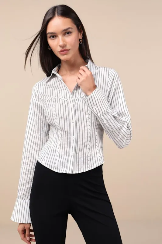 Stylish Choice White and Black Striped Bustier Button-Up Top sold by Lulus