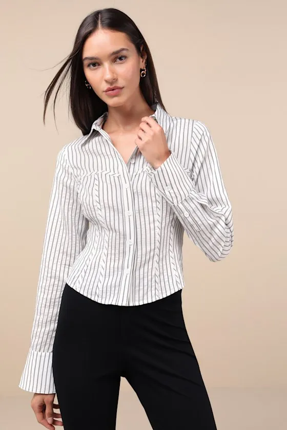 Stylish Choice White and Black Striped Bustier Button-Up Top sold by Lulus