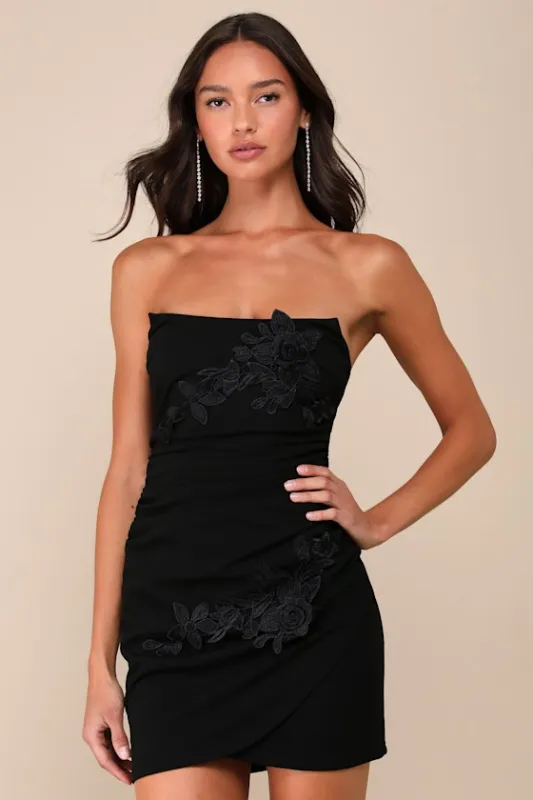 Divine Sensation Black 3D Embroidered Strapless Mini Dress sold by Lulus