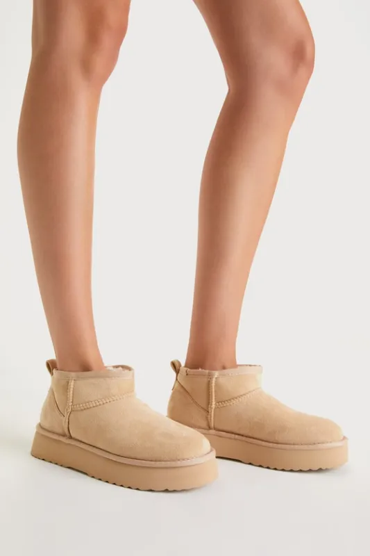 Breckenridge Natural Suede Faux Fur Platform Ankle Booties sold by Lulus