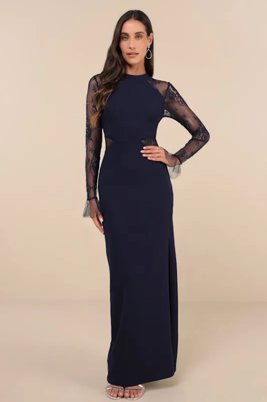 Bragging Rights Navy Lace Long Sleeve Column Maxi Dress made by Lulus