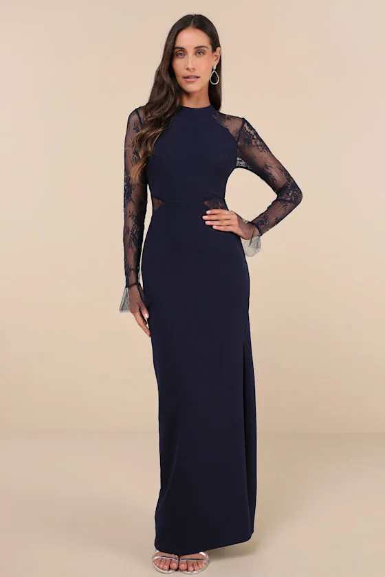 Bragging Rights Navy Lace Long Sleeve Column Maxi Dress sold by Lulus