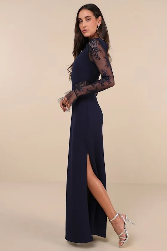 Bragging Rights Navy Lace Long Sleeve Column Maxi Dress sold by Lulus product image thumbnail 3