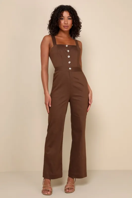 Practical Charm Brown Twill Button-Front Straight Leg Jumpsuit made by Lulus