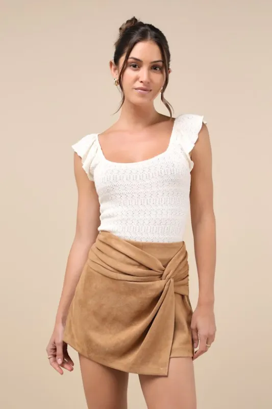City Delights Light Brown Suede Twist-Front High-Rise Skort sold by Lulus