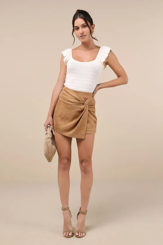 City Delights Light Brown Suede Twist-Front High-Rise Skort sold by Lulus product image thumbnail 4