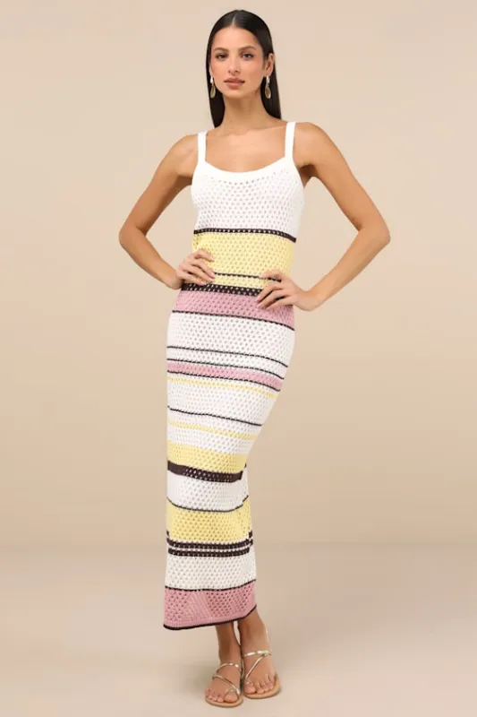 Breezy Venture Ivory Striped Crochet Midi Dress sold by Lulus