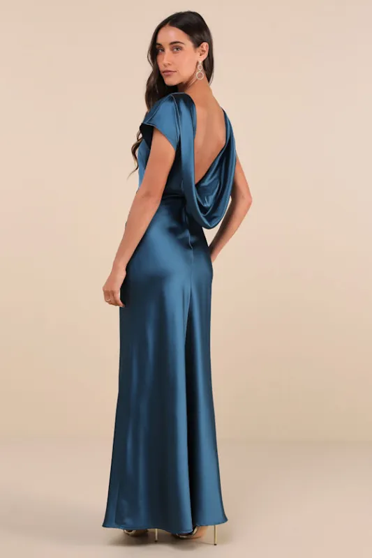 Captivating Presence Dark Teal Satin Cowl Back Maxi Dress sold by Lulus