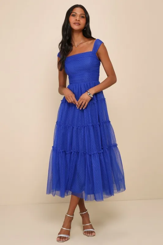 Moment of Perfection Blue Mesh Swiss Dot Tiered Midi Dress sold by Lulus