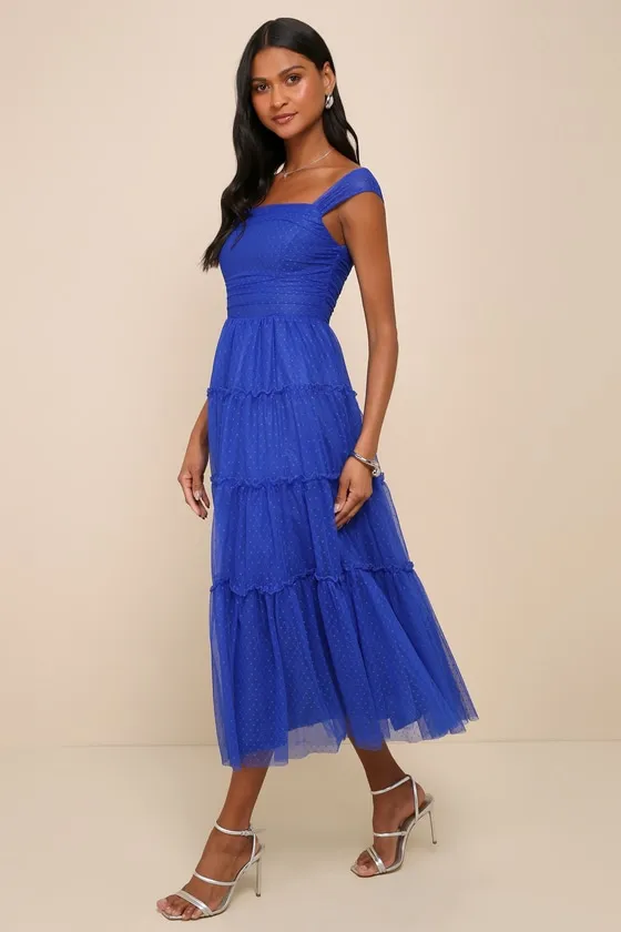 Moment of Perfection Blue Mesh Swiss Dot Tiered Midi Dress sold by Lulus product image thumbnail 2