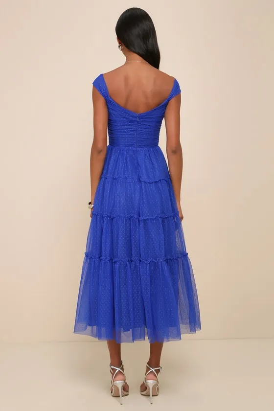 Moment of Perfection Blue Mesh Swiss Dot Tiered Midi Dress sold by Lulus product image thumbnail 3
