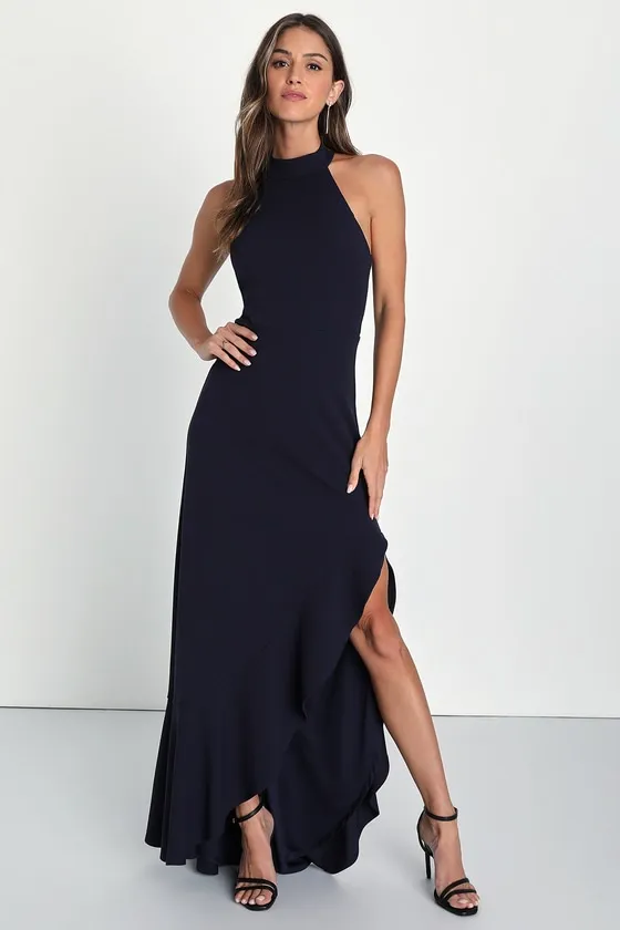 Majestic Perfection Navy Blue Ruffled Halter Maxi Dress sold by Lulus