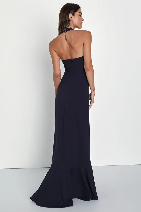 Majestic Perfection Navy Blue Ruffled Halter Maxi Dress sold by Lulus product image thumbnail 2
