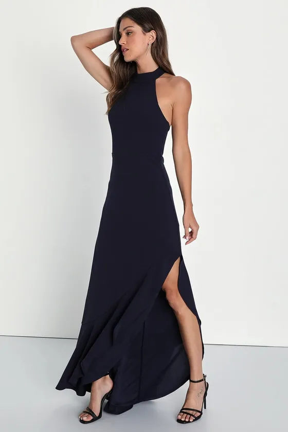 Majestic Perfection Navy Blue Ruffled Halter Maxi Dress sold by Lulus product image thumbnail 4