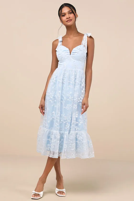 Distinctly Sweet Blue Floral Embroidered Tie-Strap Midi Dress sold by Lulus