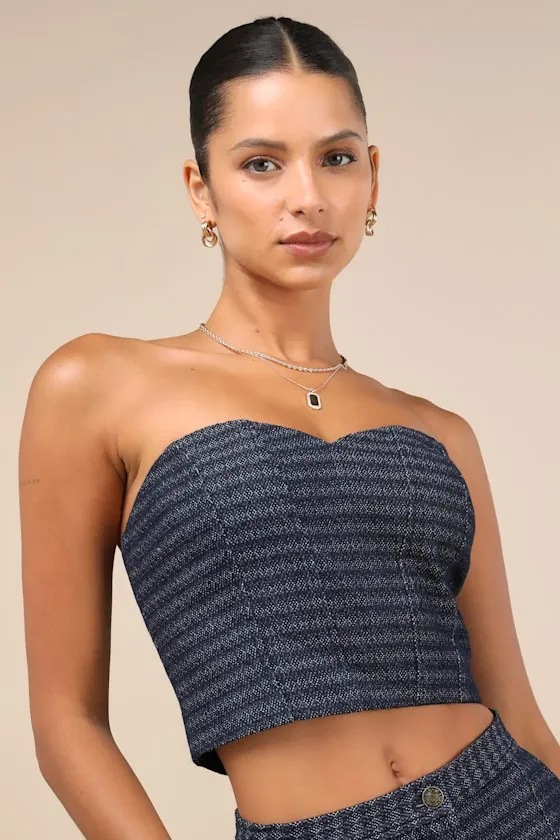 Carefree Fantasy Navy Blue Tweed Strapless Crop Top sold by Lulus