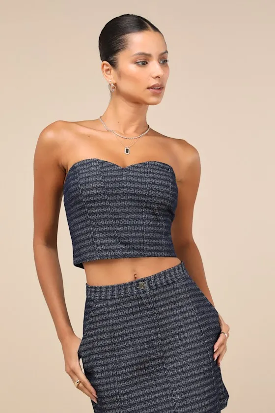 Carefree Fantasy Navy Blue Tweed Strapless Crop Top sold by Lulus product image thumbnail 2