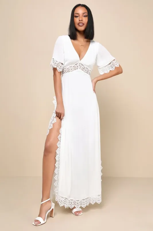Sweeten the Occasion White Lace Short Sleeve Maxi Dress sold by Lulus