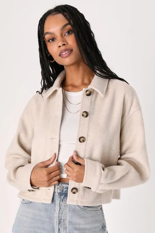 Comfy Essence Beige Cropped Shacket sold by Lulus