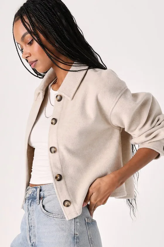 Comfy Essence Beige Cropped Shacket sold by Lulus product image thumbnail 4