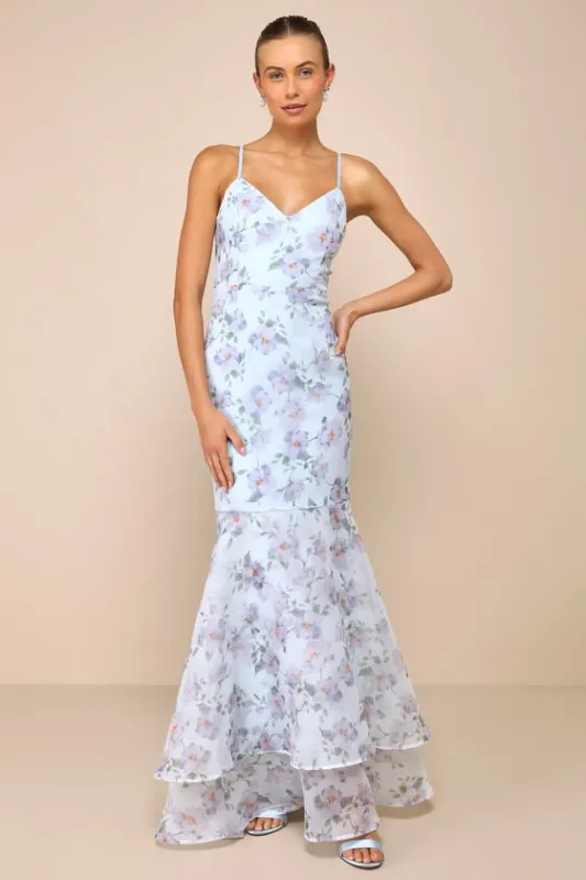 Pure Splendor Light Blue Floral Organza Trumpet Maxi Dress sold by Lulus