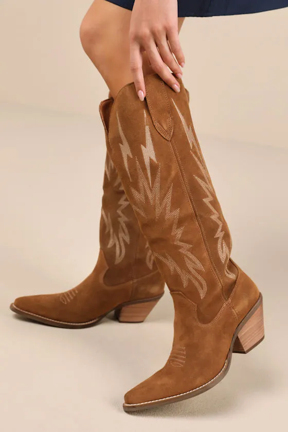Thunder Road Camel Suede Leather Knee-High Western Boots sold by Lulus