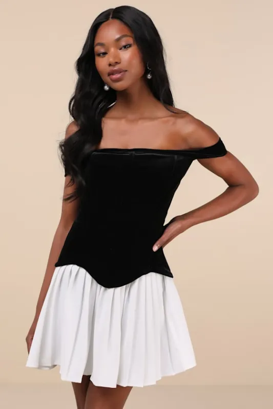 Savannah Black and White Off-the-Shoulder Mini Dress made by Lulus