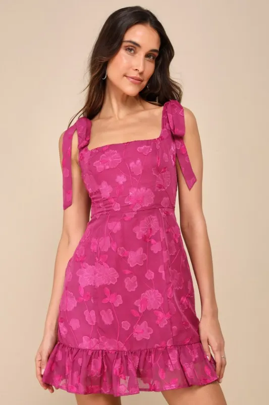 No One Prettier Magenta Floral Embroidered Tie-Strap Mini Dress sold by Lulus