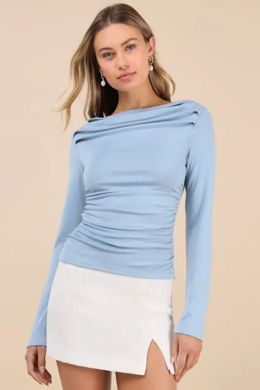 Modern Favorite Light Blue Ruched Long Sleeve Top sold by Lulus