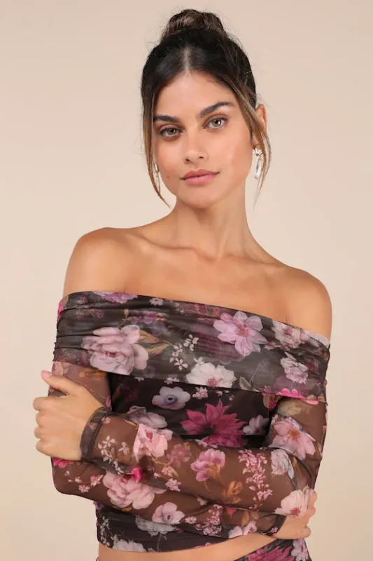 Unforgettably Sweet Brown Floral Print Mesh Off-the-Shoulder Top sold by Lulus