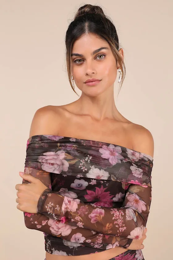 Unforgettably Sweet Brown Floral Print Mesh Off-the-Shoulder Top sold by Lulus