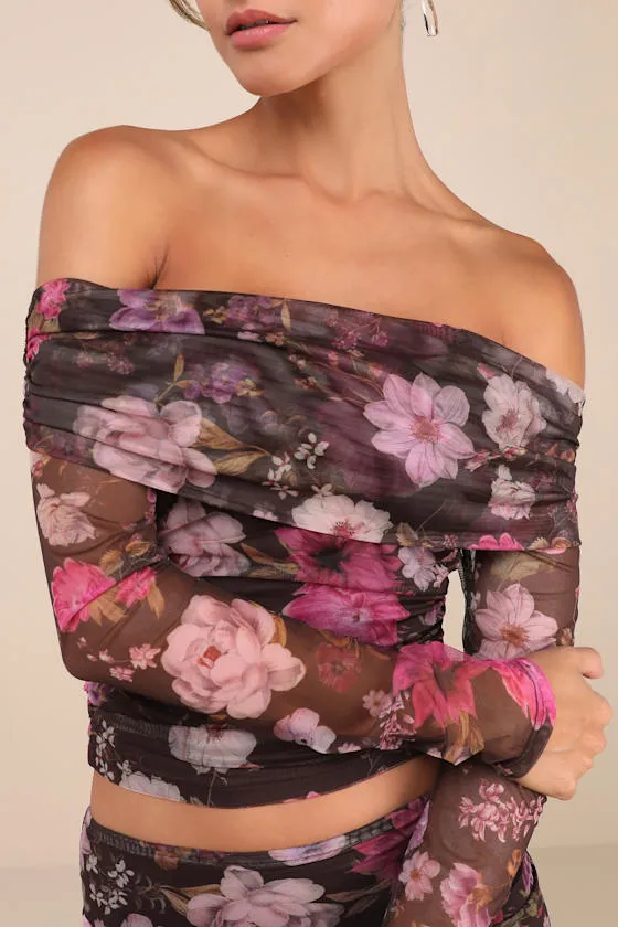 Unforgettably Sweet Brown Floral Print Mesh Off-the-Shoulder Top sold by Lulus product image thumbnail 2