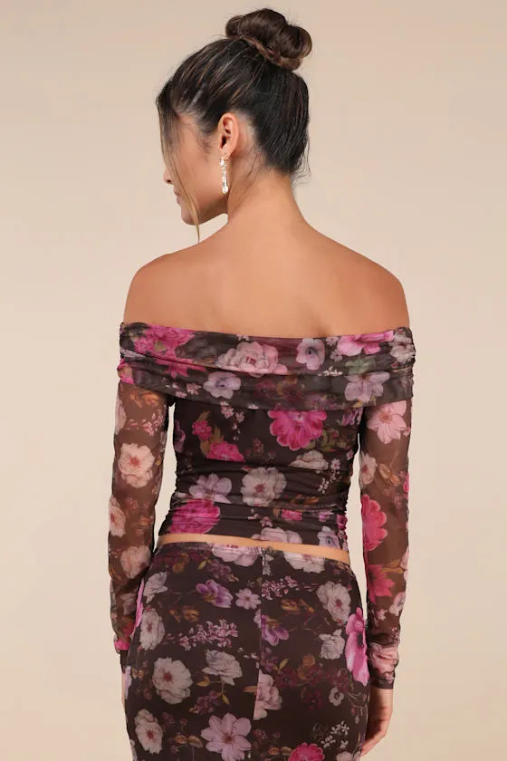 Unforgettably Sweet Brown Floral Print Mesh Off-the-Shoulder Top sold by Lulus product image thumbnail 3