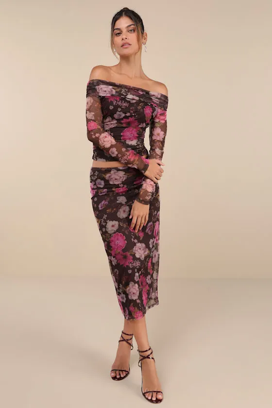 Unforgettably Sweet Brown Floral Print Mesh Off-the-Shoulder Top sold by Lulus product image thumbnail 4