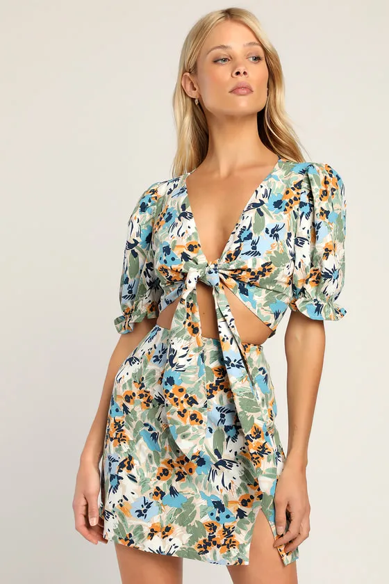 Full Flower Beige Multi Floral Print Notched Mini Skirt sold by Lulus