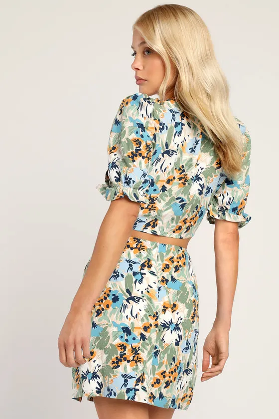 Full Flower Beige Multi Floral Print Notched Mini Skirt sold by Lulus product image thumbnail 4