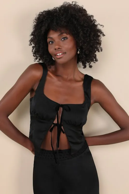 Carolina Black Satin Tie-Front Sleeveless Crop Top sold by Lulus