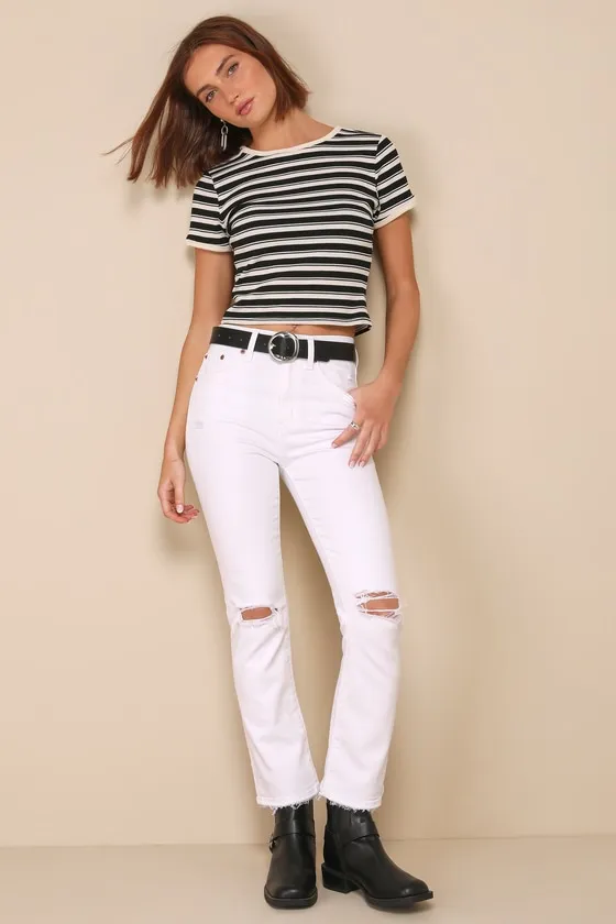 Shy Girl White Distressed High-Waisted Cropped Flare Jeans sold by Lulus