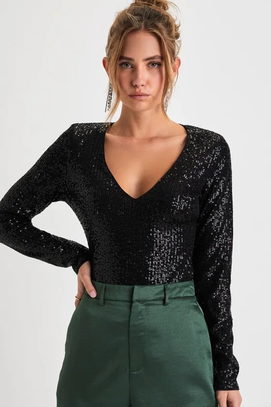 Sparkling Evenings Black Sequin V-Neck Long Sleeve Bodysuit sold by Lulus