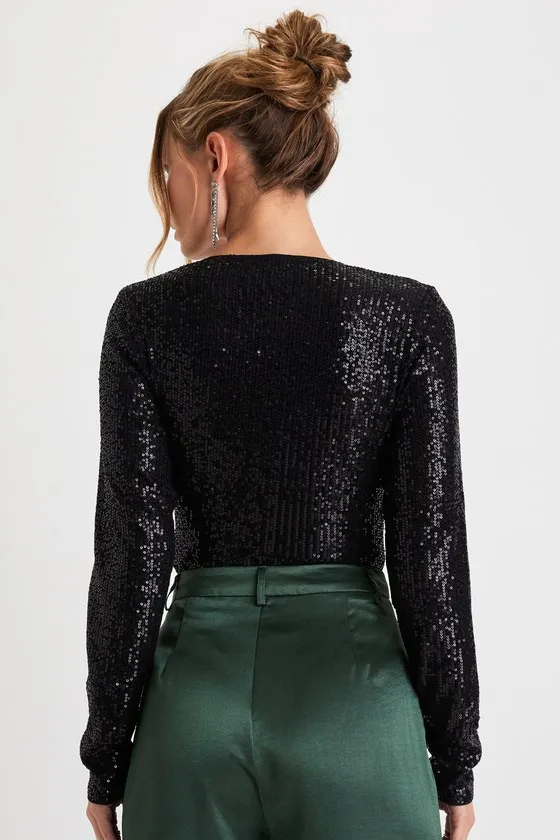 Sparkling Evenings Black Sequin V-Neck Long Sleeve Bodysuit sold by Lulus product image thumbnail 3