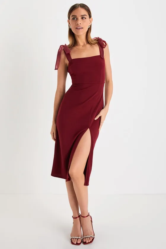 Romantic Celebration Burgundy Tie-Strap Bodycon Midi Dress sold by Lulus product image thumbnail 2