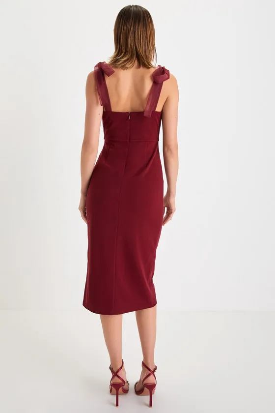 Romantic Celebration Burgundy Tie-Strap Bodycon Midi Dress sold by Lulus product image thumbnail 3
