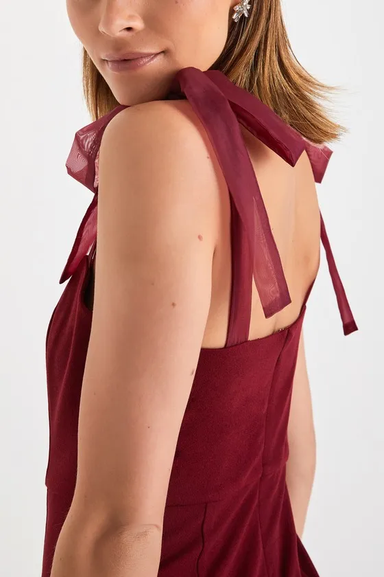 Romantic Celebration Burgundy Tie-Strap Bodycon Midi Dress sold by Lulus product image thumbnail 4