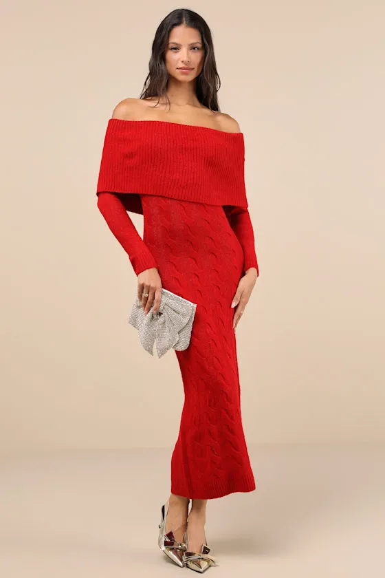Cozy Excellence Heather Red Off-the-Shoulder Sweater Dress sold by Lulus