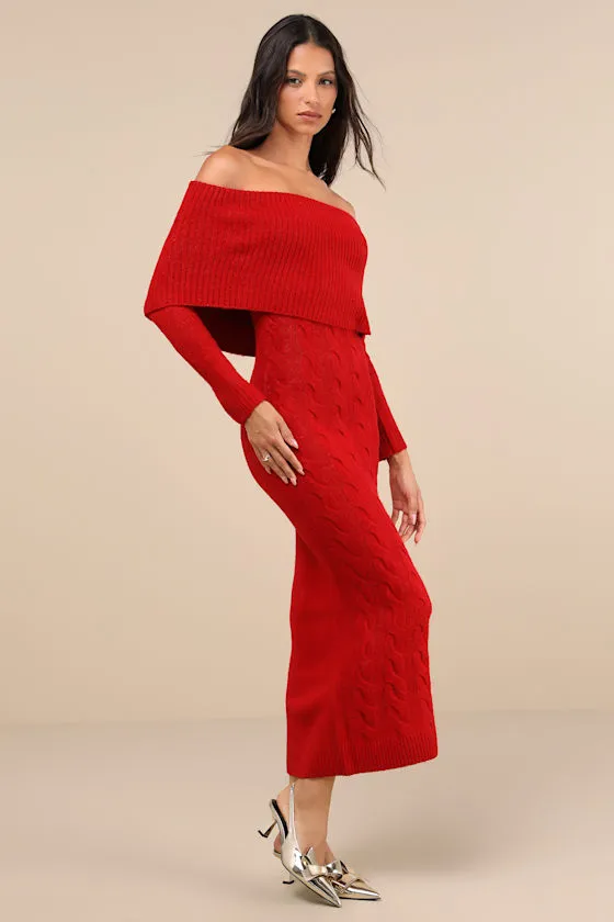 Cozy Excellence Heather Red Off-the-Shoulder Sweater Dress sold by Lulus product image thumbnail 2