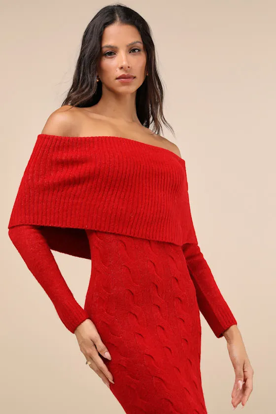 Cozy Excellence Heather Red Off-the-Shoulder Sweater Dress sold by Lulus product image thumbnail 4