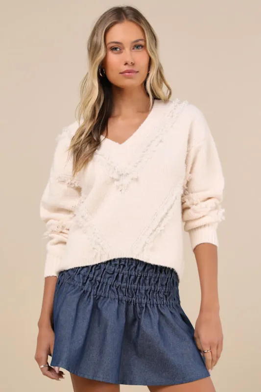 Trendy Warmth Cream Fringe V-Neck Pullover Sweater sold by Lulus