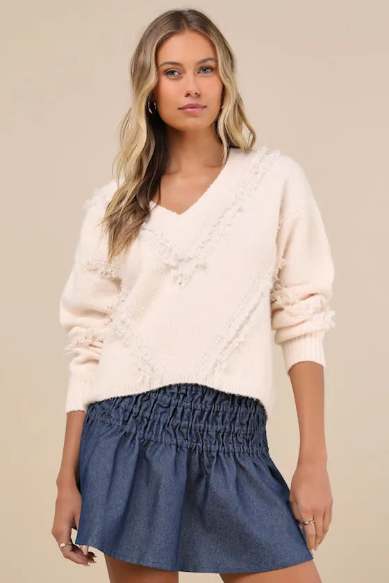 Trendy Warmth Cream Fringe V-Neck Pullover Sweater sold by Lulus