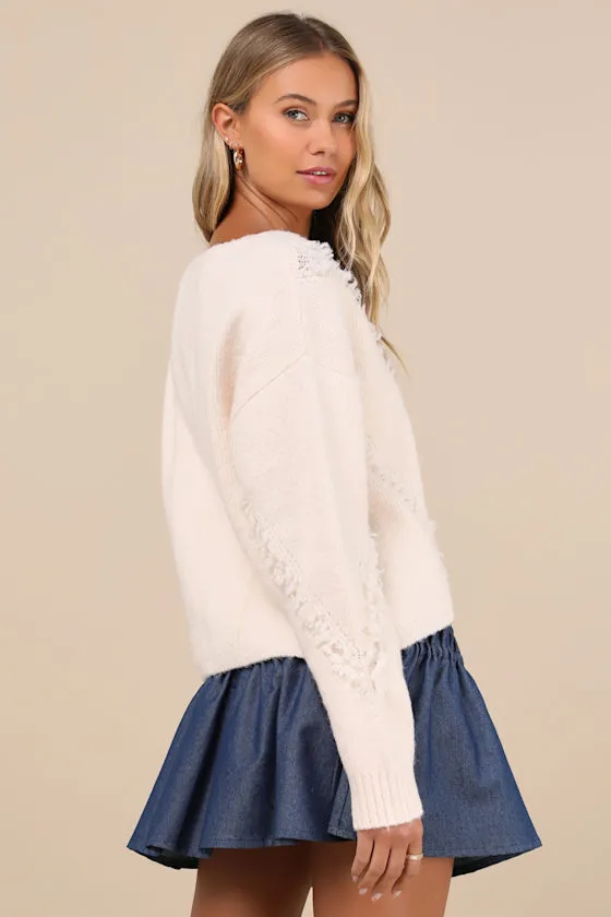 Trendy Warmth Cream Fringe V-Neck Pullover Sweater sold by Lulus product image thumbnail 2