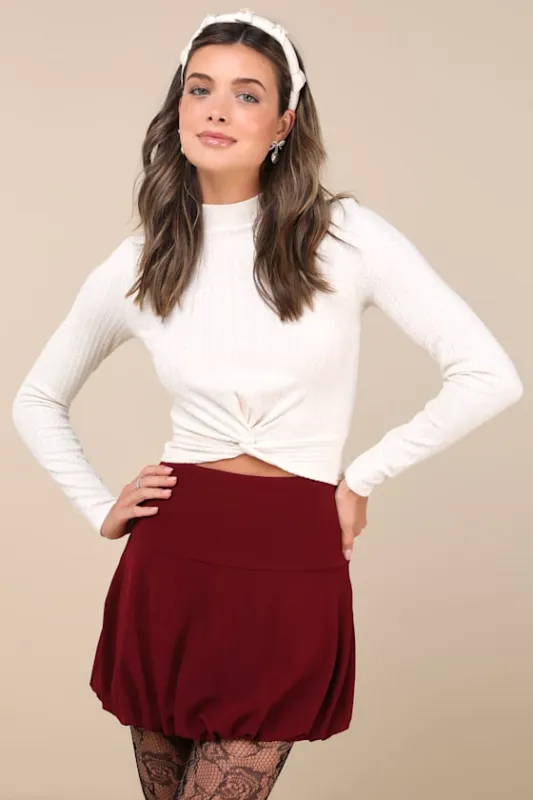 Exceptionally Aesthetic Wine Red High-Rise Bubble-Hem Mini Skirt sold by Lulus